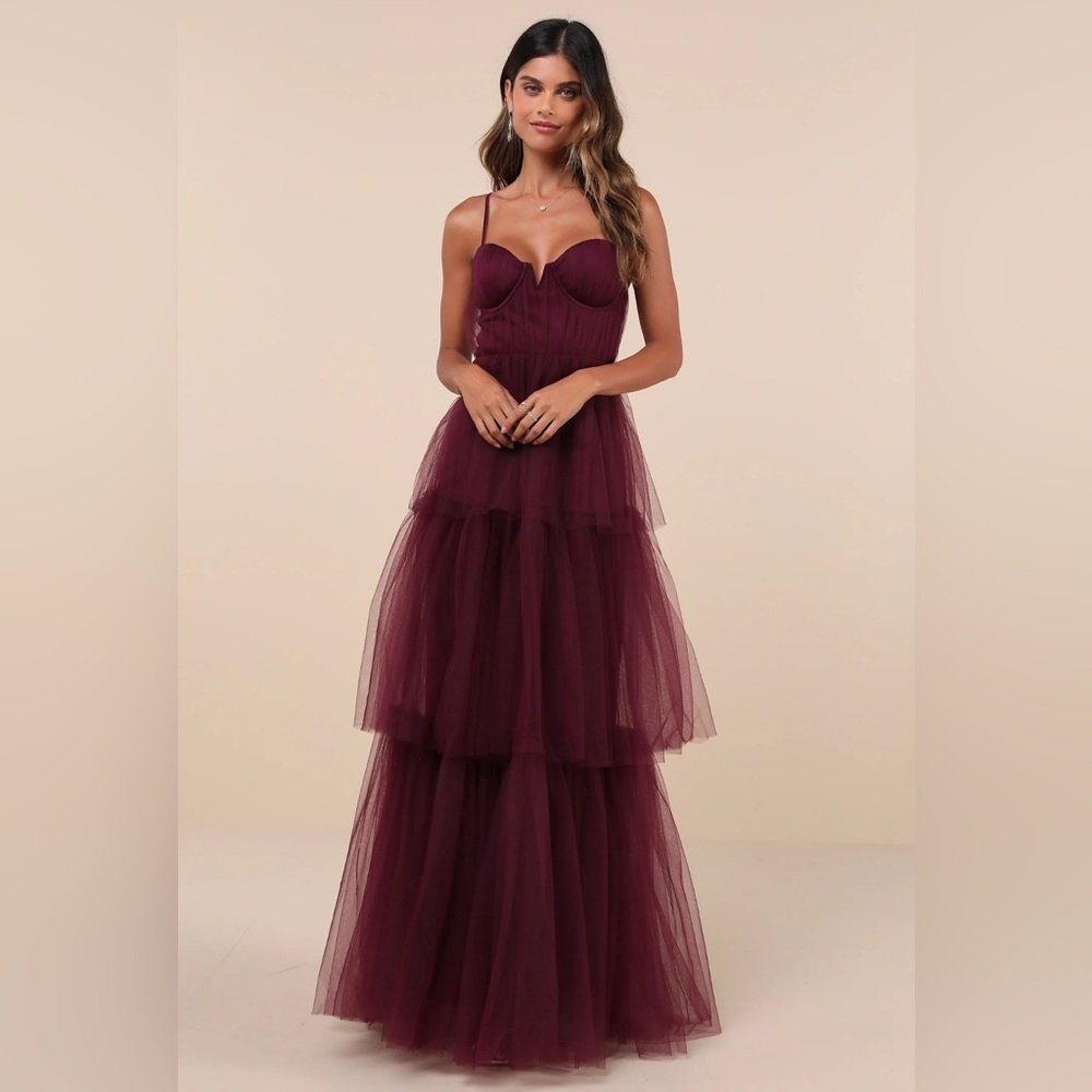 NEW WITH TAGS Lulus Dress - Plum Purple Tulle Bustier Tiered Maxi Dress